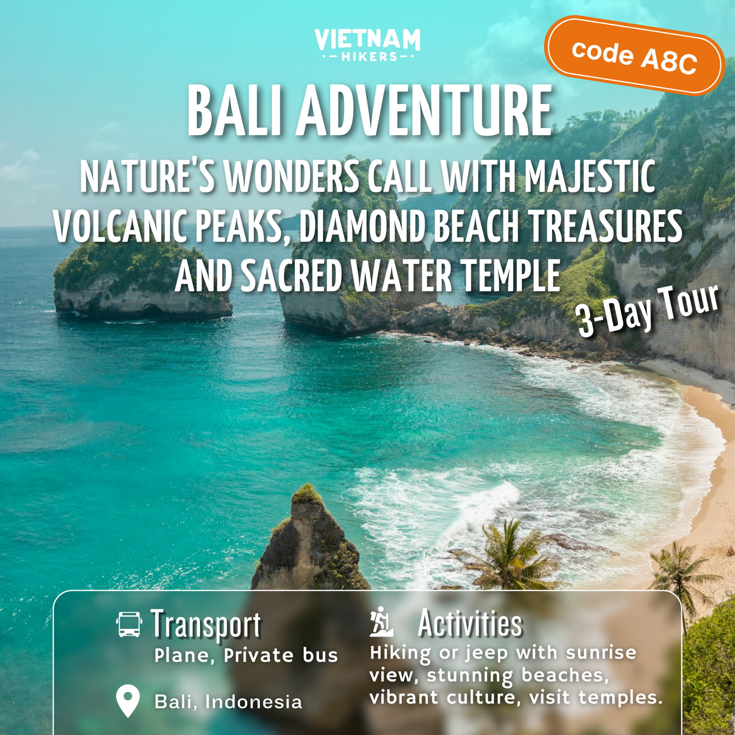 A8C: (3일) 발리 모험! 장엄한 화산 봉우리, 해변의 보물, 신성한 물의 사원이 있는 자연의 경이로움
